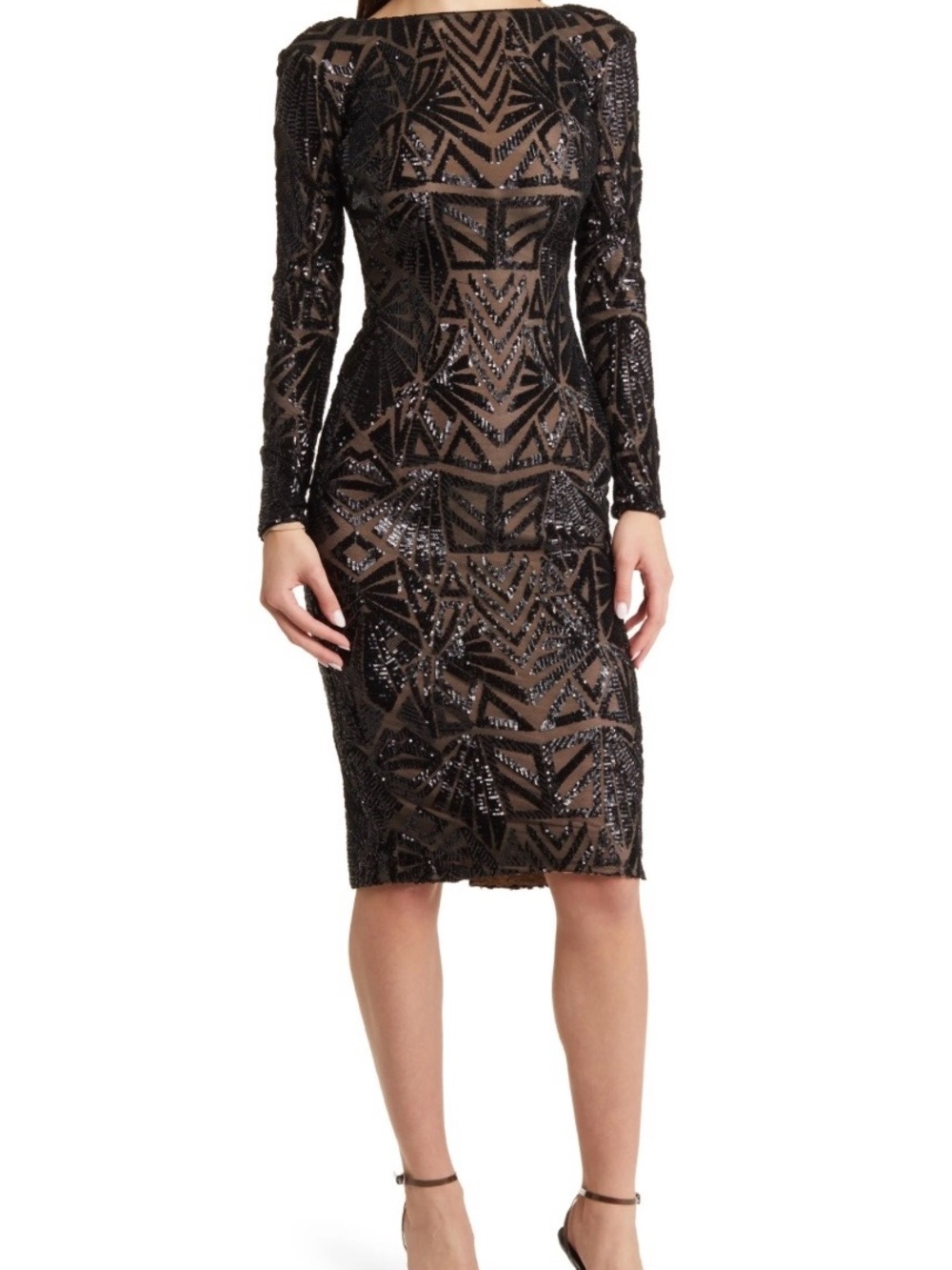Dress the Population Black Sequin Geometric Long Sleeve Sheath Dress